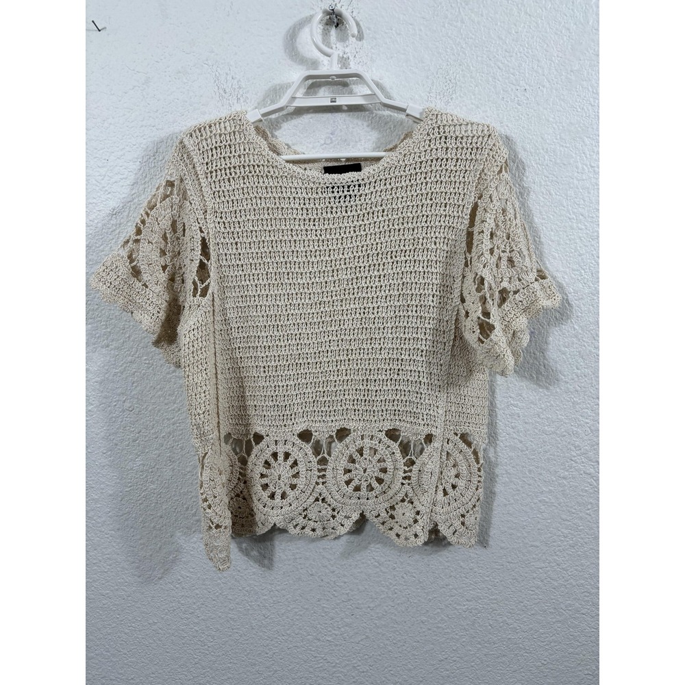 LIV Los Angeles‎ Sweater Womens Large Beige Crochet Knit Short Sleeve Boho Top